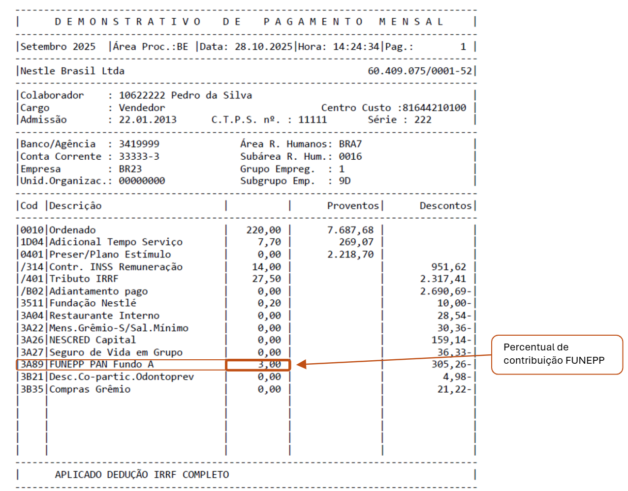 Exemplo de contracheque destacando o percentual de contribuição FUNEPP